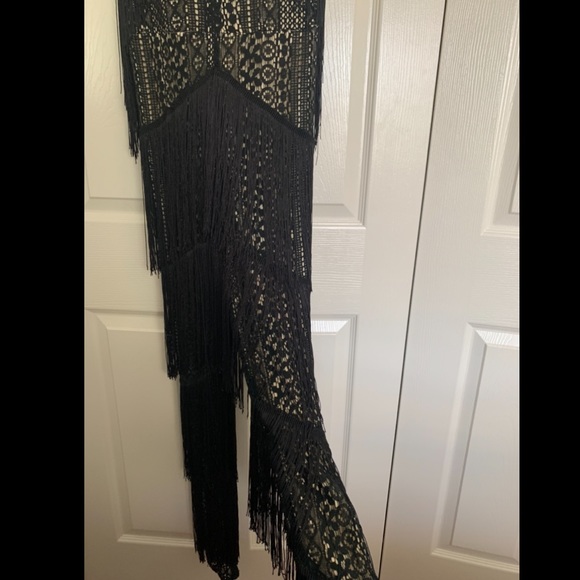 Black fitted fringe and crochet overlay jumpsuit - Picture 3 of 6